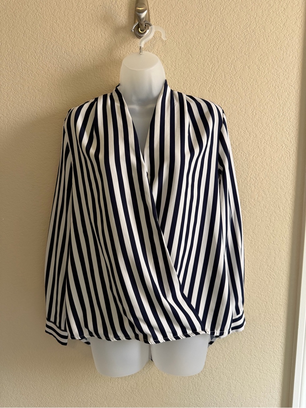 SHEIN Navy and White Vertical Stripe Surplice Blouse